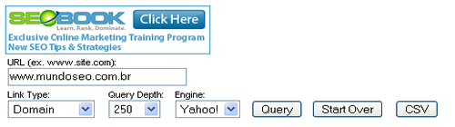 Interface da Ferramenta de SEO: Yahoo Backlink Information